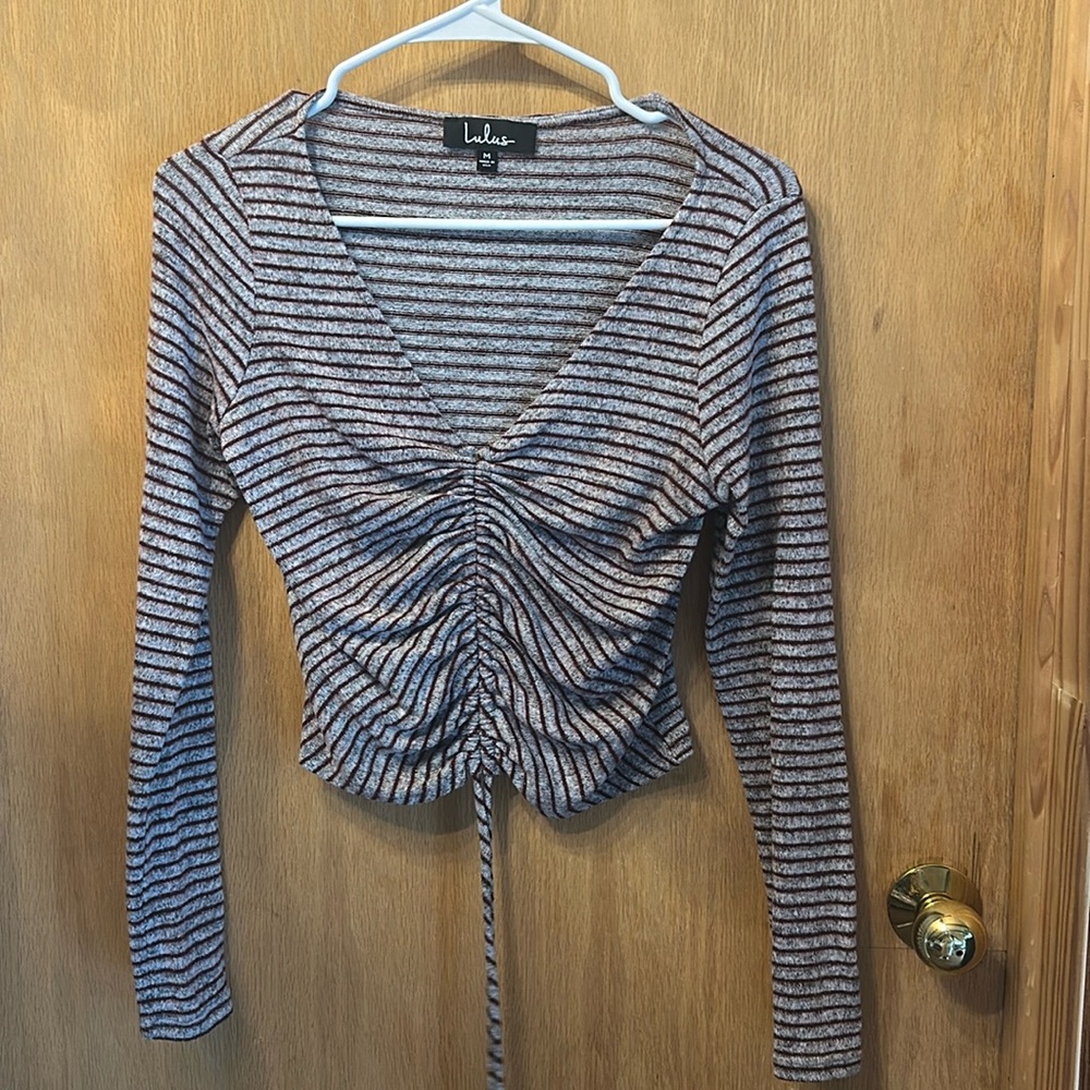 Lulu's Cutie Pie Burgundy and Grey Striped Long Sleeve Top Rouched Front.